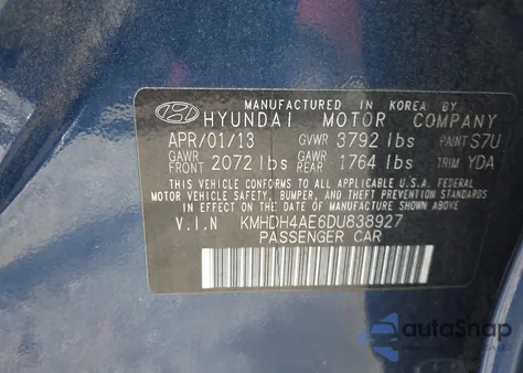 2013 Hyundai Elantra Gls z USA, uszkodzony, nr VIN KMHDH4AE6DU838927